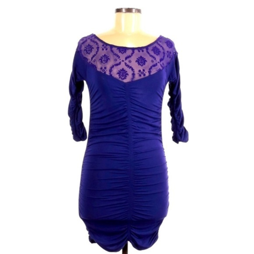 Free People M‎ purple lace ruched stretch 3/4 sleeves mini stretch retro dress